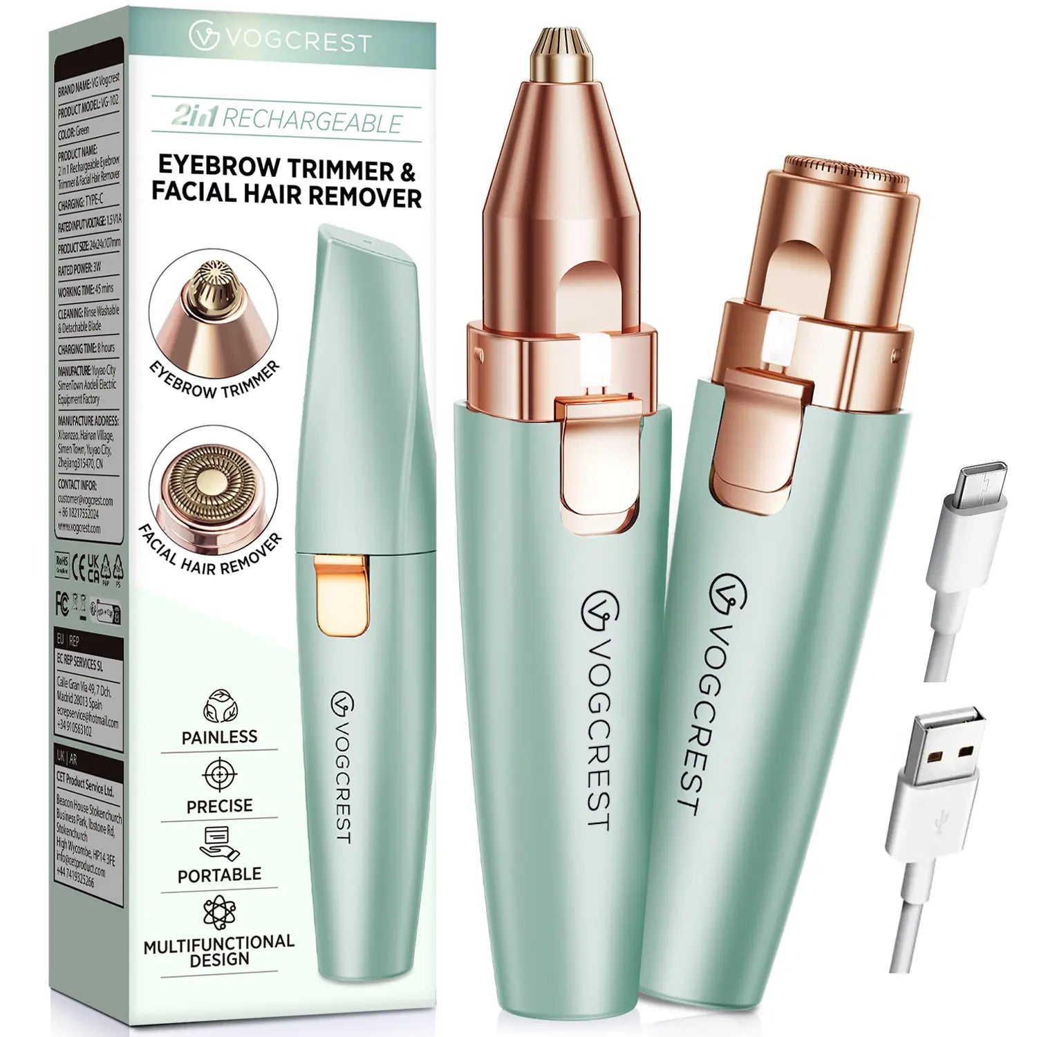 2-in-1 Rechargeable Facial & Eyebrow Hair Remover | LED Trimmer