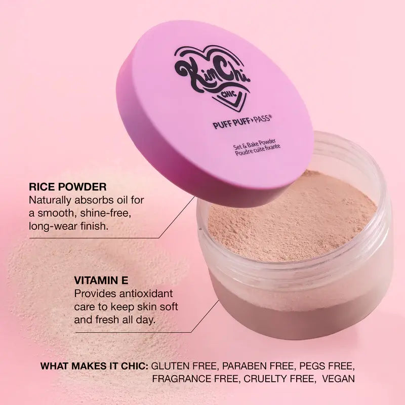 Kimchi Chic Puff Puff Pass Set & Bake Powder with Rice Powder & Vitamin-E, Lightweight & Translucent Makeup, Cosmetic Setting Powder