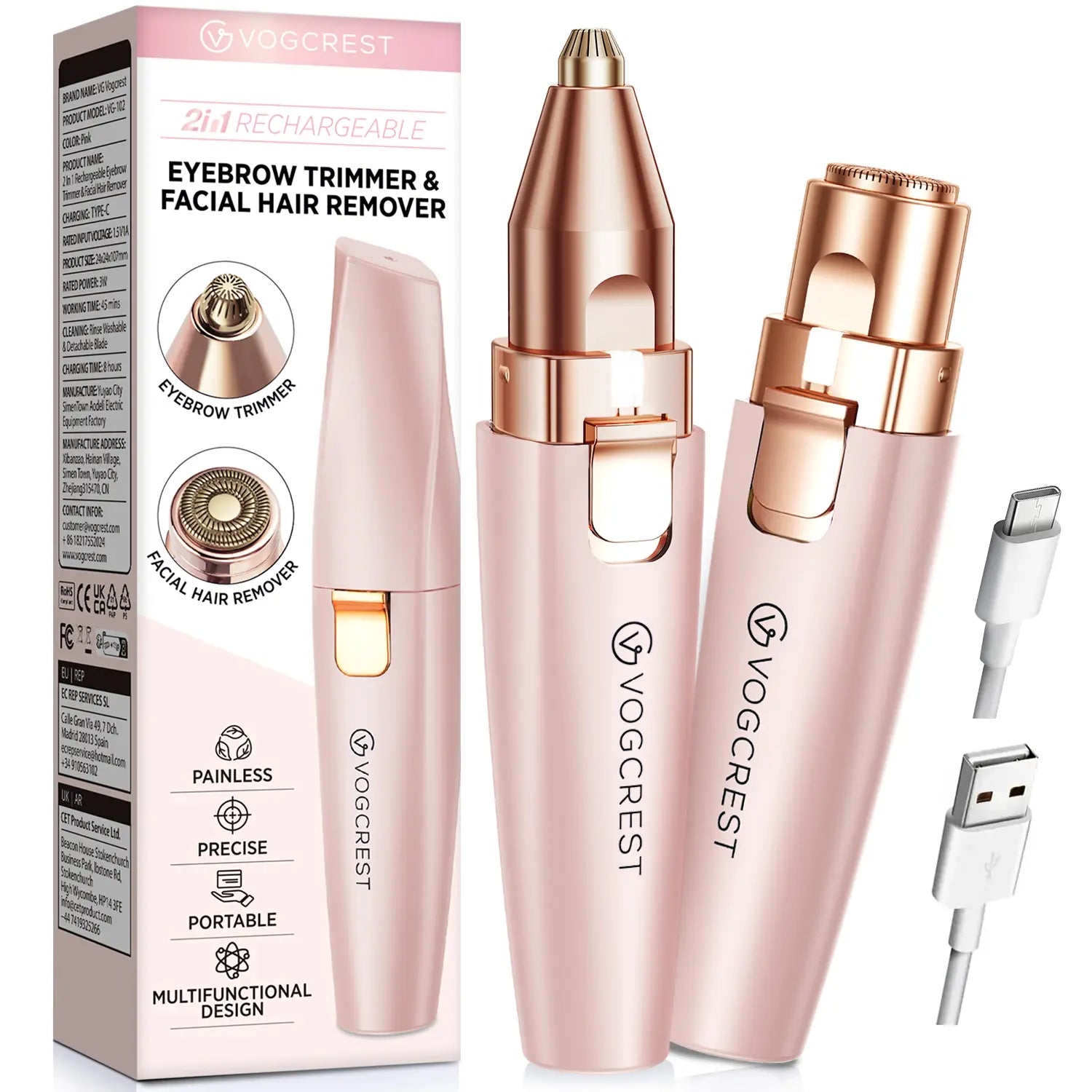 2-in-1 Rechargeable Facial & Eyebrow Hair Remover | LED Trimmer